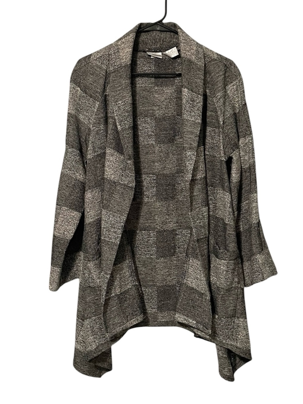 Chico’s Cocoona Grey Plaid Jacket Blazer Open Front Pockets M 8 Lagenlook Work